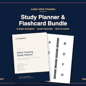 Puede incluir: Un paquete de planificador de estudio y tarjetas didácticas para tripulación de cabina con una hoja de ruta de 8 semanas y rastreador de exámenes. La portada muestra el texto Initial Training Study Planner y el logo WingStart. Incluye tarjetas de la A a la H.