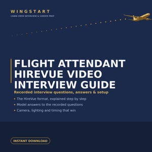 Könnte beinhalten: Ein dunkelblauer digitaler Leitfaden mit dem Titel WINGSTART CABIN CREW INTERVIEW & CAREER PREP FLIGHT ATTENDANT HIREVUE VIDEO INTERVIEW GUIDE. Er enthält eine goldene Flugzeuggrafik, Aufzählungspunkte zur Vorbereitung und einen INSTANT DOWNLOAD Button.