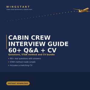 Puede incluir: Una guía digital azul oscuro titulada WINGSTART CABIN CREW INTERVIEW & CAREER PREP. Presenta un gráfico de avión amarillo con una trayectoria de vuelo punteada, el texto CABIN CREW INTERVIEW GUIDE 60+ Q&A + CV y un botón de INSTANT DOWNLOAD.