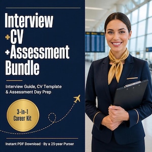 May include: A digital product advertisement titled Interview + CV + Assessment Bundle, featuring a gold 3-in-1 Career Kit badge and a flight attendant in a navy blazer with a gold scarf holding a black clipboard against a dark blue background.