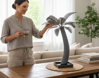 Palmera de metal de 60 cm, decoración tropical para interiores y exteriores, escultura de palmera de acero hecha a mano.