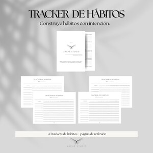 以下が含まれることがあります： TRACKER DE HÁBITOSおよびConstruye hábitos con intenciónというテキストが記載された白い習慣トラッカーセット。蝶のロゴが入った表紙、振り返りページ、およびグリッド付きの横型習慣トラッカーシート4枚が含まれています。