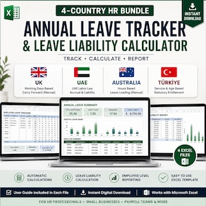 Annual Leave Tracker & Leave Liability Calculator | HR Excel Template | 4 Country Bundle