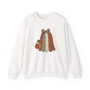 Patchwork spook Halloween-sweatshirt, bedrukte gewatteerde trui met ronde hals, cottagecore gingham luipaard spooktrui, herfstcadeau