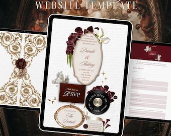 May include: A digital 5-page wedding website template displayed on three tablet screens. The design features deep burgundy and white floral accents, ornate gold frames, a vinyl record graphic, and text including "Danilo & Aubrey" and "RSVP."