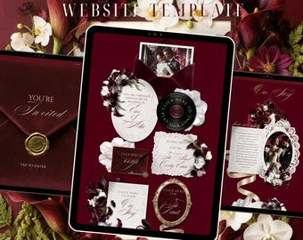 May include: A 5-page wedding website template displayed on digital tablets featuring a deep burgundy background, ornate white frames, floral accents, and elegant script text including "You're Invited," "Our Story," and "Click Here" buttons.
