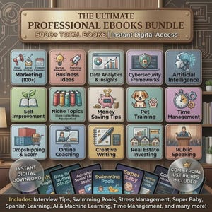 Op de afbeelding: Een digitaal productpakket genaamd The Ultimate Professional Ebooks Bundle met meer dan 5000 boeken. Het bevat vijftien vierkante iconen die onderwerpen vertegenwoordigen zoals marketing, zakelijke ideeën, data-analyse, AI en vastgoed.