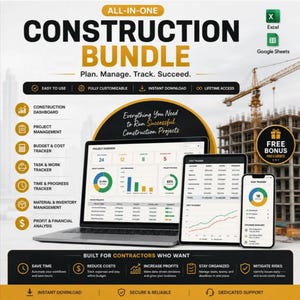 Puede incluir: Un paquete de plantillas digitales todo en uno para construcción, compatible con Excel y Google Sheets. Incluye una computadora portátil, una tableta y un teléfono inteligente que muestran paneles de proyectos y herramientas de seguimiento.