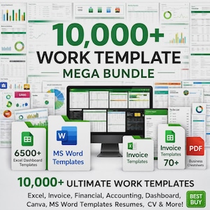 Peut inclure: Un ensemble de produits numériques comprenant plus de 10 000 modèles de travail, dont 6 500+ modèles de tableaux de bord Excel, des modèles MS Word, des modèles de factures et des fiches pratiques PDF, présentés avec un écran d'ordinateur.