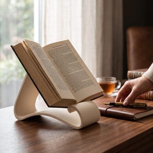 May include: A cream-colored, curved book stand holding an open hardcover book. The stand features a smooth, continuous S-shaped design that supports the book at an angled position, providing a stable base for reading on a flat surface.