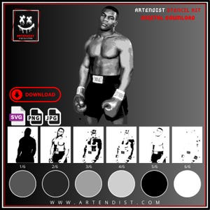 May include: A digital stencil kit featuring a grayscale illustration of a boxer wearing Everlast shorts and gloves. The image includes text reading ARTENDIST STENCIL KIT DIGITAL DOWNLOAD, a download icon, SVG, PNG, JPG labels, and six variations.