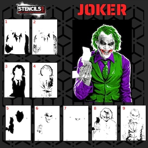 Puede incluir: Un conjunto de plantillas multicapa para crear un retrato del Joker, que incluye nueve hojas de plantilla individuales en blanco y negro numeradas del uno al nueve, junto a una ilustración final a color del personaje con pelo verde.