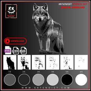 May include: A digital stencil kit featuring a wolf illustration with the text ARTENDIST STENCIL KIT DIGITAL DOWNLOAD. Includes SVG, PNG, and JPG file icons, a download button, and six variations of the wolf graphic labeled 1/6 through 6/6.