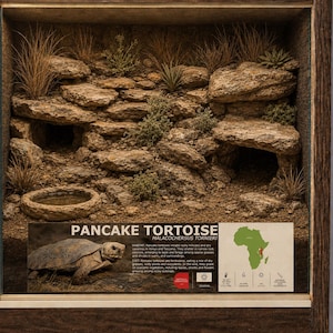 May include: A wooden-framed terrarium display featuring a rocky habitat with dry grasses and a small water dish. An informational placard at the bottom displays the text PANCAKE TORTOISE, a photo of the tortoise, a map of Africa, and habitat facts.