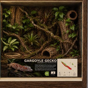 May include: A wooden terrarium enclosure featuring a naturalistic habitat with tree bark, moss, green foliage, and a water dish. An informational placard at the bottom displays a Gargoyle Gecko, the text Rhacodactylus auriculatus, and a map.