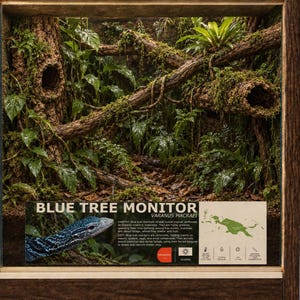 May include: A wooden-framed terrarium enclosure featuring a dense rainforest habitat with mossy tree trunks, branches, and green foliage. An informational sign at the bottom displays the text BLUE TREE MONITOR VARANUS MACRAEI, habitat details, a map, and care icons.