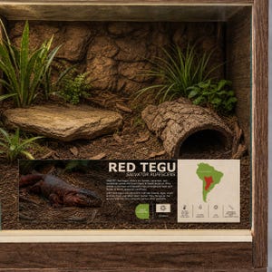 May include: A wooden terrarium enclosure featuring a Red Tegu habitat with a flat rock, a hollow log, green plants, and a soil substrate. An informational sign displays the text Red Tegu, Salvator Rufescens, habitat details, a map, and care icons.