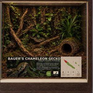 May include: A rectangular terrarium with a dark wood frame containing a naturalistic habitat with tree bark, green plants, and a hollow log. A white information placard features the text Bauer's Chameleon Gecko, a map, and care icons.
