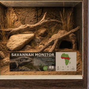 May include: A reptile enclosure featuring a naturalistic habitat with sand, rocks, and driftwood. An informational sign displays the text SAVANNAH MONITOR, VARANUS EXANTHEMATICUS, a map of Africa, and care requirements for the animal species.
