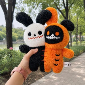 Creepy Cute Conjoined Bunny Plush, Two Headed Gothic Stuffed Animal, Spooky Halloween Voodoo Doll, Alternative Emo Oddity Art Toy
