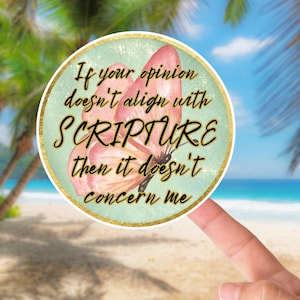 May include: A circular sticker with a light green background and a gold border featuring a pink butterfly illustration. The text reads: If your opinion doesn't align with SCRIPTURE then it doesn't concern me, written in a black cursive font.