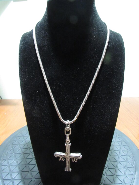 VTG Stainless Steel 11" Necklace with Cross Alpha Omega Symbols