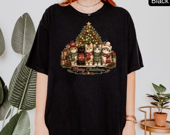 Christmas Cat Shirt, Comfort Colors® Merry Christmas Cats Tee, Cute Cats by Christmas Tree, Cat Lover Gift, Cozy Vintage Holiday T-Shirt