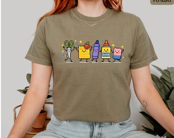 Comfort Colors® Custom Teacher Shirt, Back To School Teacher Gift, Pixel School Supplies , Cute Preschool Teacher Tee, Crayon Glue Scissors