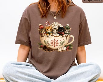 Christmas Cat Cocoa Shirt, Comfort Colors® Cozy Hot Chocolate Cat Tee, Cute Holiday Cats Shirt, Cat Lover Christmas Gift, Winter Tee