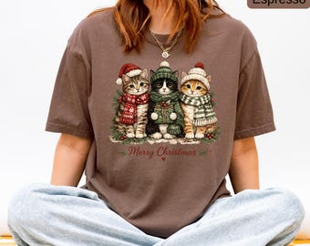 Cute Christmas Cat Shirt, Comfort Colors® Merry Christmas Cat Tee, Cozy Winter Cats Shirt, Cat Lover Gift, Holiday Unisex T-Shirt