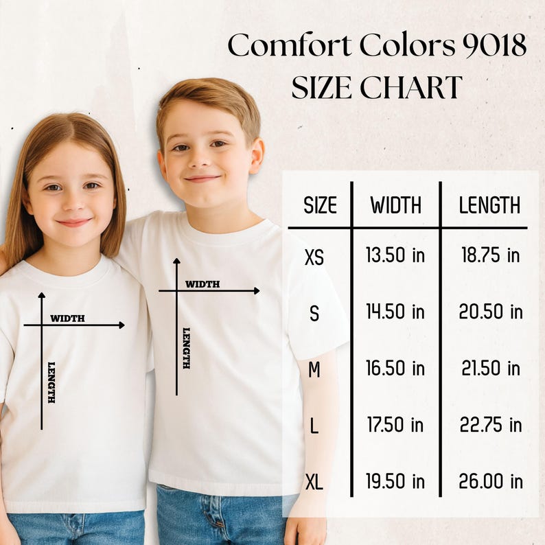 May include: Comfort Colors 9018 size chart featuring a table with width and length measurements in inches for sizes XS through XL. The table lists XS as 13.50 by 18.75 inches, S as 14.50 by 20.50 inches, M as 16.50 by 21.50 inches, L as 17.50 by 22.75 inches, and XL as 19.50 by 26.00 inches.