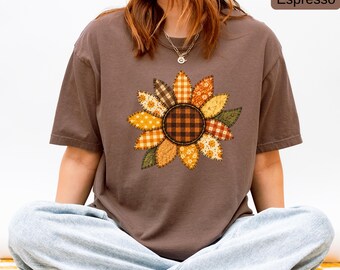 Patchwork Sunflower Shirt, Comfort Colors® Fall T-Shirt, Plaid Sunflower Graphic Tee, Rustic Autumn Floral Shirt, Cozy Farmhouse Fall Gift