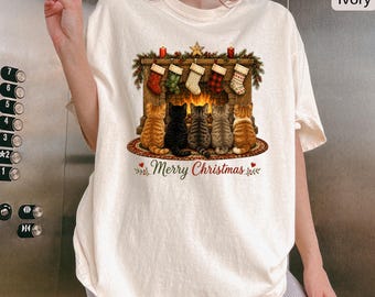 Christmas Cat Shirt, Comfort Colors® Cozy Fireplace Cats Tee, Merry Christmas Cat Lover Gift, Vintage Holiday Shirt, Winter Cat Tee
