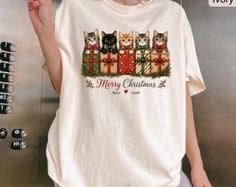 Christmas Cat Gift Shirt, Comfort Colors® Cute Cat Christmas Tee, Merry Christmas Cats with Presents, Cat Lover Gift, Holiday Shirt