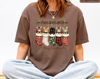 Cute Christmas Cats Shirt, Comfort Colors® Cat Christmas Tee, Merry Christmas Stocking Cats Shirt, Cat Lover Gift, Holiday Unisex Tee