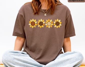 Patchwork Sunflower Shirt, Comfort Colors® Fall T-Shirt, Rustic Autumn Floral Tee, Cozy Harvest Graphic Shirt, Boho Fall Sunflower Gift