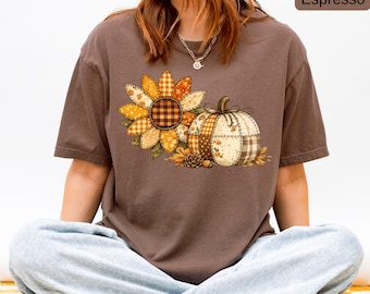 Patchwork Pumpkin Sunflower Shirt, Comfort Colors® Fall T-Shirt, Plaid Floral Autumn Tee, Rustic Pumpkin Shirt, Cozy Farmhouse Fall Gift