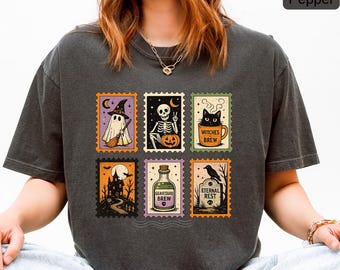 Vintage Halloween Postage Stamp Shirt, Spooky Stamps Graphic Tee, Comfort Colors® Unisex Halloween Shirt, Ghost Cat Witch Gift