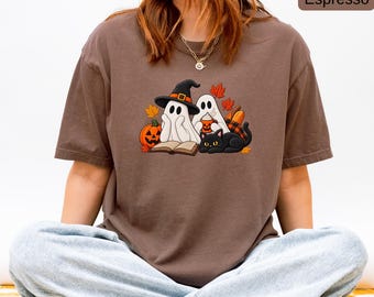 Cute Witch Ghost and Black Cat Halloween Shirt, Comfort Colors® Unisex Tee, Spooky Pumpkin Book Graphic T-Shirt, Cozy Fall Cat Lover Gift