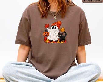 Cute Ghost and Black Cat Halloween Shirt, Comfort Colors® Unisex Tee, Pumpkin Graphic T-Shirt, Cozy Spooky Season Autumn Gift