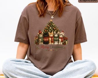 Christmas Cat Shirt, Comfort Colors® Merry Christmas Cats Tee, Cute Kittens Christmas Tree Shirt, Cat Lover Gift, Cozy Holiday Unisex Tee