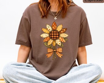 Patchwork Sunflower Shirt, Comfort Colors® Fall T-Shirt, Plaid Sunflower Graphic Tee, Rustic Autumn Floral Shirt, Cozy Farmhouse Fall Gift