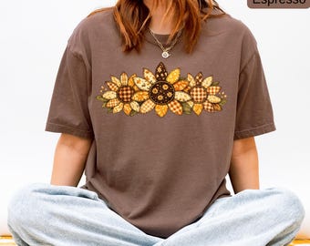 Patchwork Sunflower Shirt, Comfort Colors® Fall T-Shirt, Plaid Floral Graphic Tee, Rustic Autumn Shirt, Cozy Farmhouse Floral Fall Gift