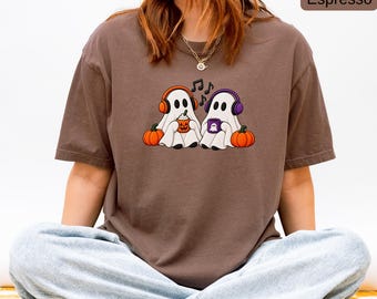 Cute Music Ghost Halloween Shirt, Comfort Colors® Unisex Tee, Spooky Coffee and Headphones Graphic T-Shirt, Pumpkin Fall Music Lover Gift