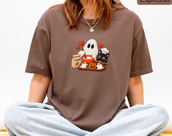 Cute Baking Ghost and Black Cat Halloween Shirt, Comfort Colors® Unisex Tee, Pumpkin Cookie Graphic T-Shirt, Spooky Halloween Baker Gift