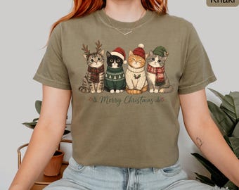 Christmas Cat Shirt, Comfort Colors® Cute Merry Christmas Cats Tee, Cozy Holiday Cat Shirt, Cat Lover Gift, Vintage Christmas T-Shirt