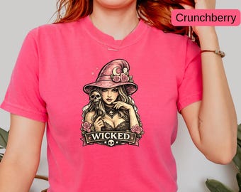 Wicked Witch Halloween Shirt, Pink Gothic Comfort Colors® Tee, Unisex Spooky Season T-Shirt, Witchy Graphic Tee, Halloween Gift for Women