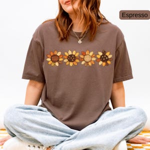 Patchwork Sunflower Shirt, Comfort Colors® Fall T-Shirt, Vintage Autumn Floral Tee, Plaid Flower Graphic Shirt, Cozy Rustic Fall Gift