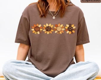 Patchwork Sunflower Shirt, Comfort Colors® Fall T-Shirt, Vintage Autumn Floral Tee, Plaid Flower Graphic Shirt, Cozy Rustic Fall Gift