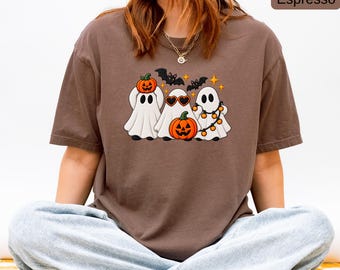 Cute Ghost Halloween Shirt, Comfort Colors® Unisex Tee, Pumpkin and Bat Graphic T-Shirt, Spooky Season Shirt, Retro Halloween Gift